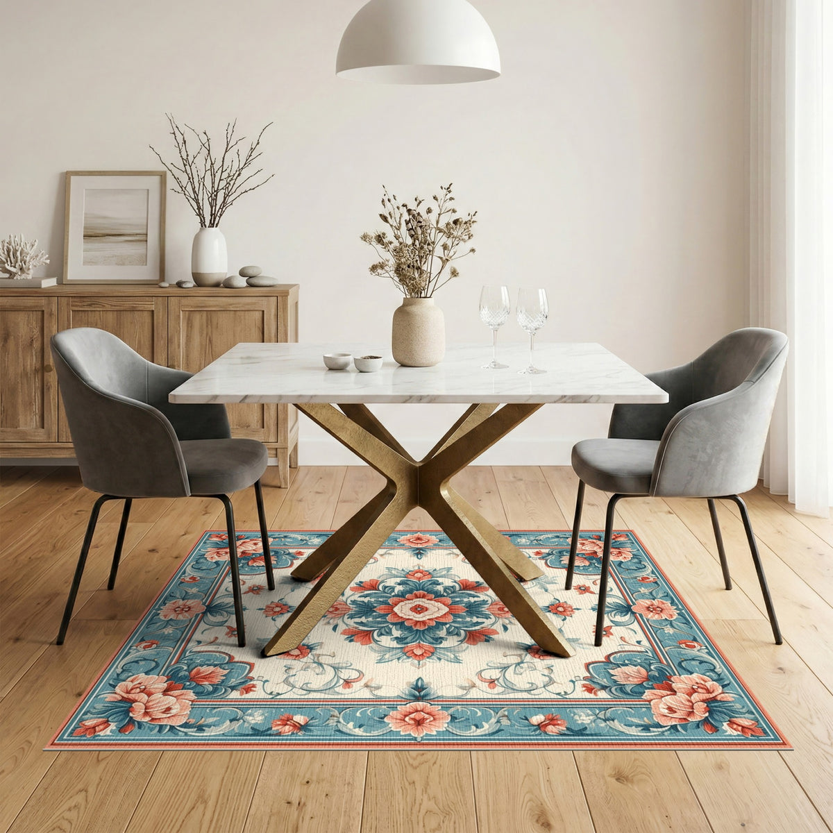 Blue Teal Floral Vintage Medallion Rug