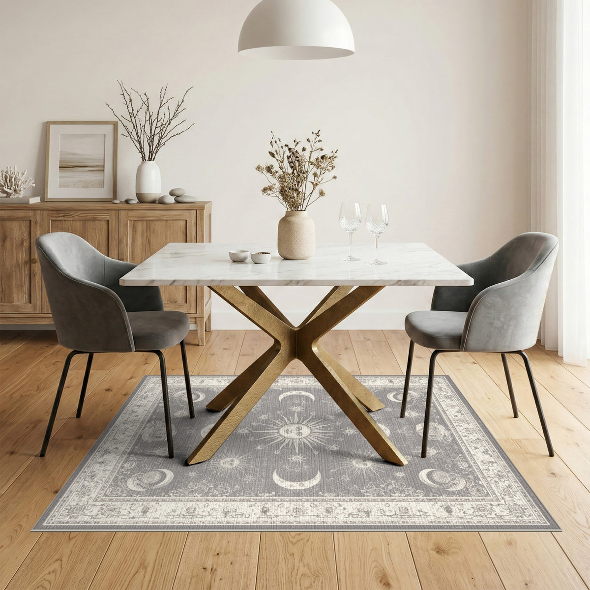 Grey Vintage Celestial Moon Sun Rug