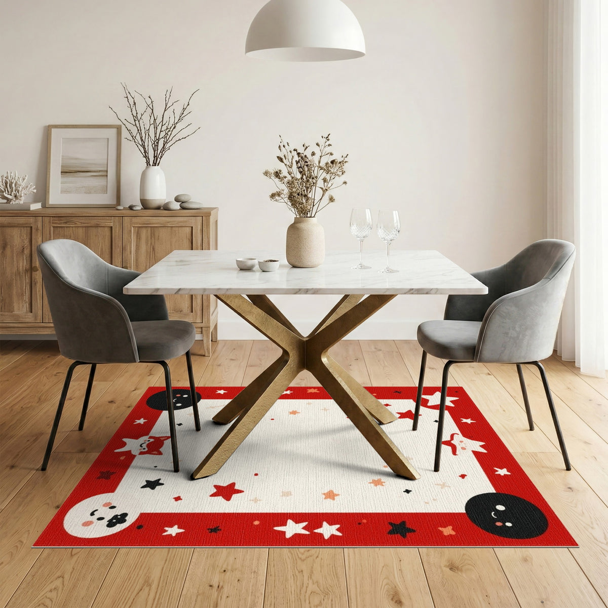 Red Cartoon Fox Stars Kids Area Rug