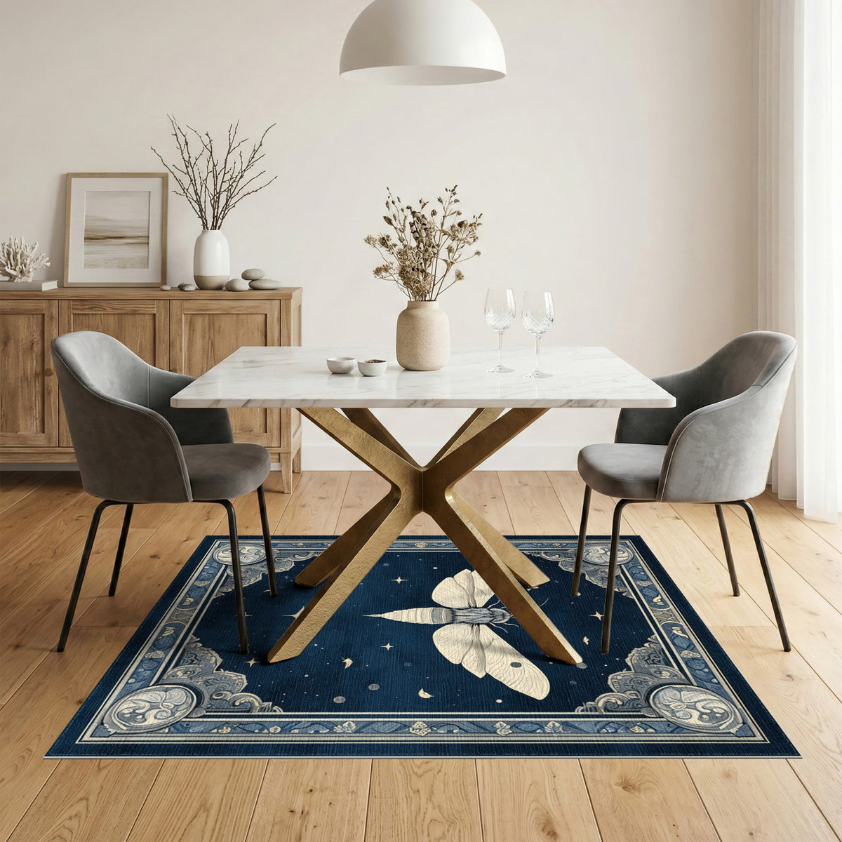 Celestial Moth Blue Area Rug