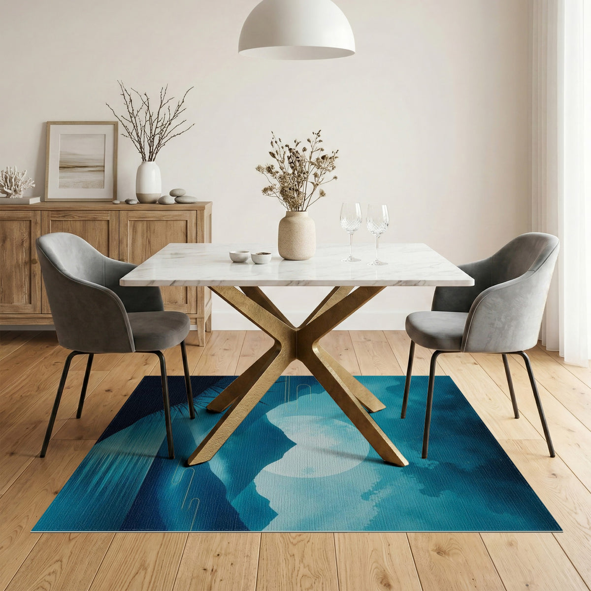 Blue Teal Moonlit Mountains Washable Area Rug