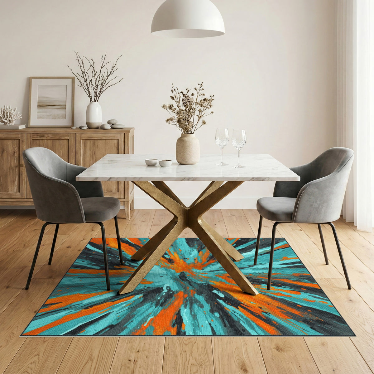 Teal Orange Abstract Burst Area Rug