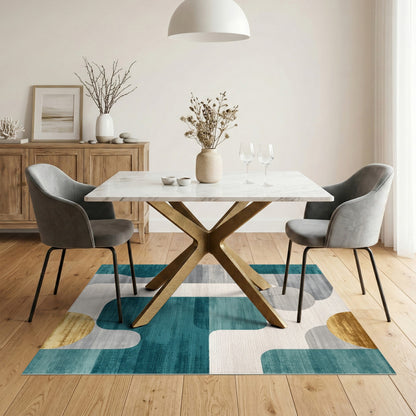 Teal Geometric Area Rug with Gold Accents