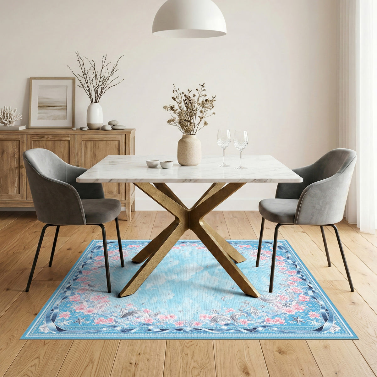 Blue Floral Moon Stars Washable Area Rug