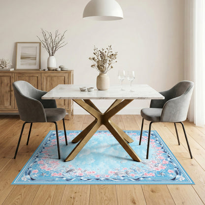 Blue Floral Moon Stars Washable Area Rug