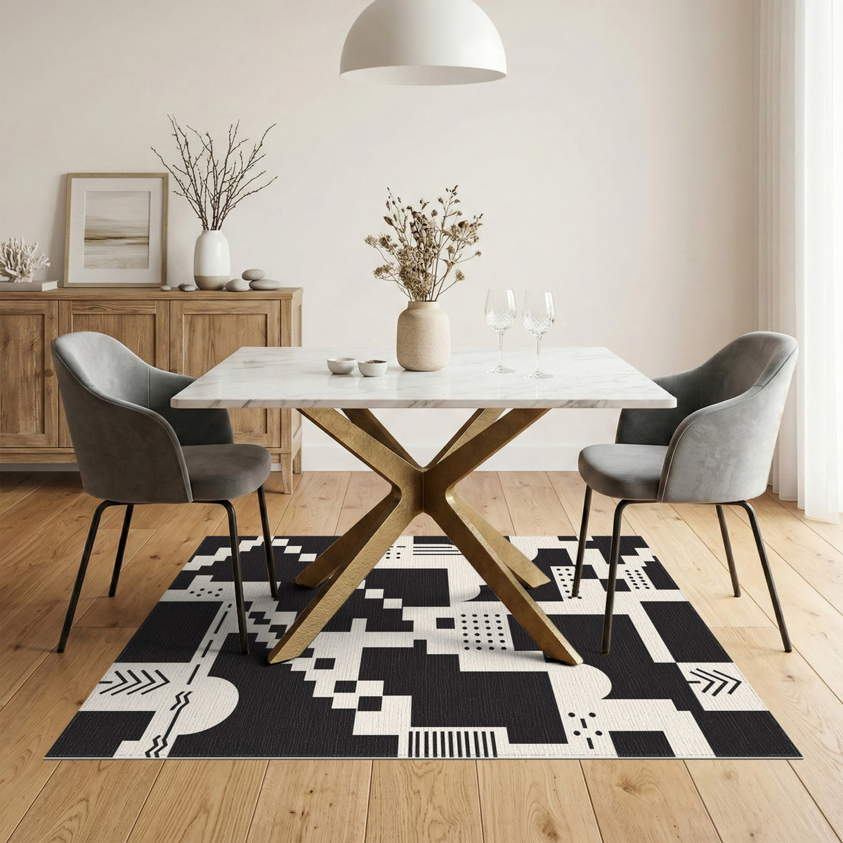 Black White Geometric Pixel Area Rug
