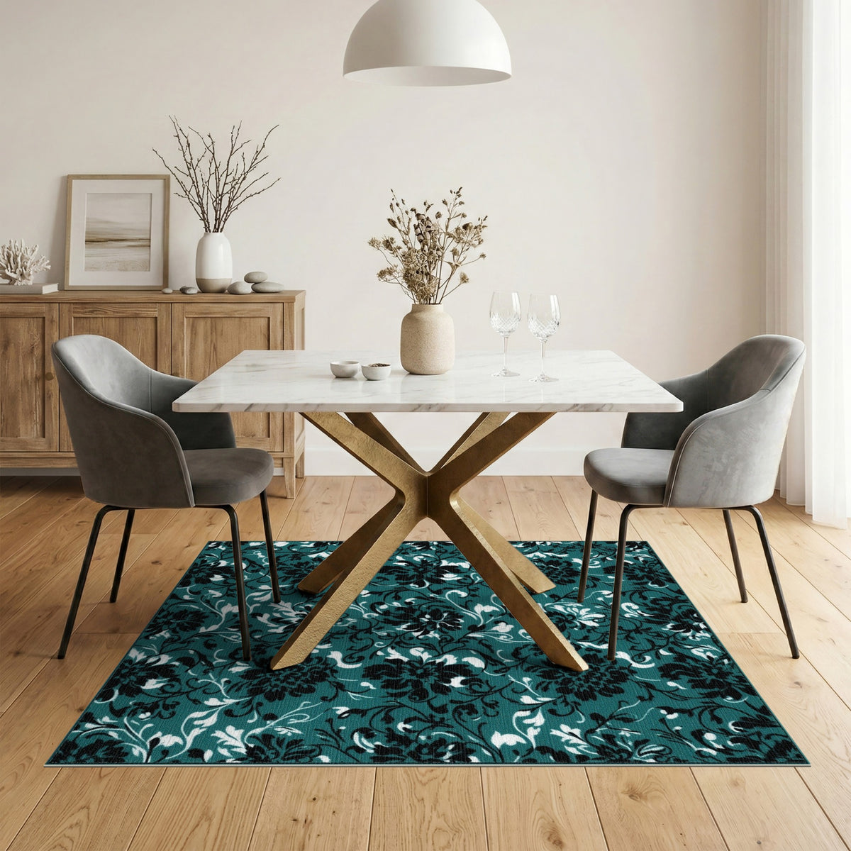 Teal Black Floral Vintage Area Rug