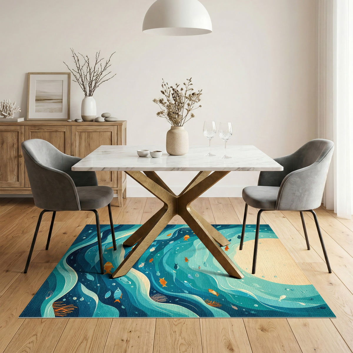 Ocean Wave Fish Blue Teal Area Rug