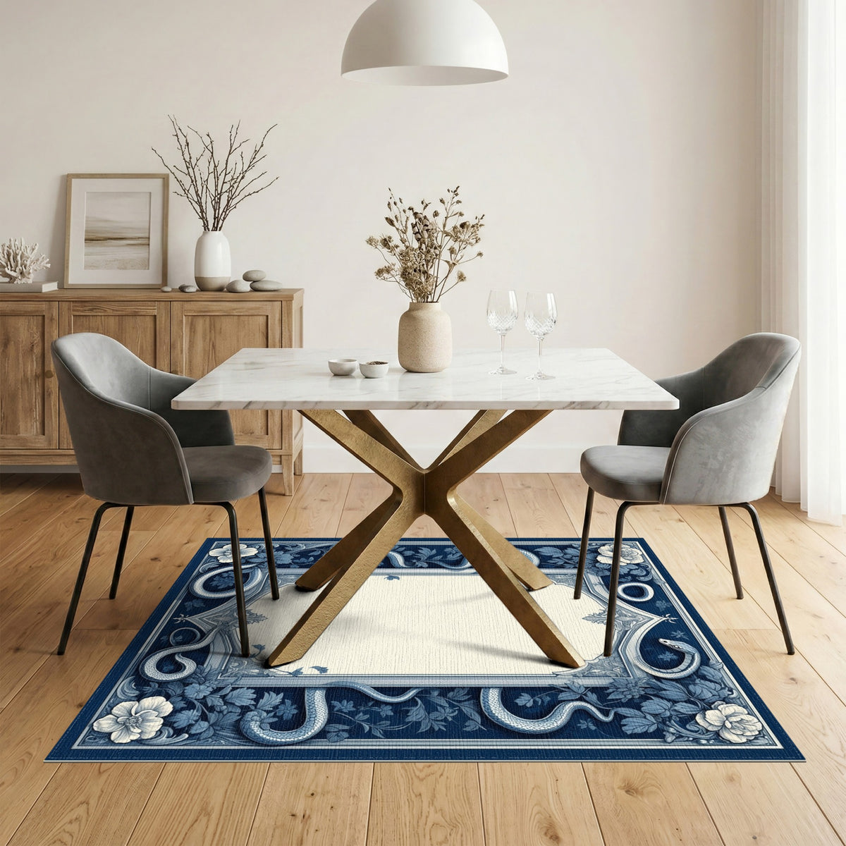 Blue Floral Serpent Vintage Area Rug