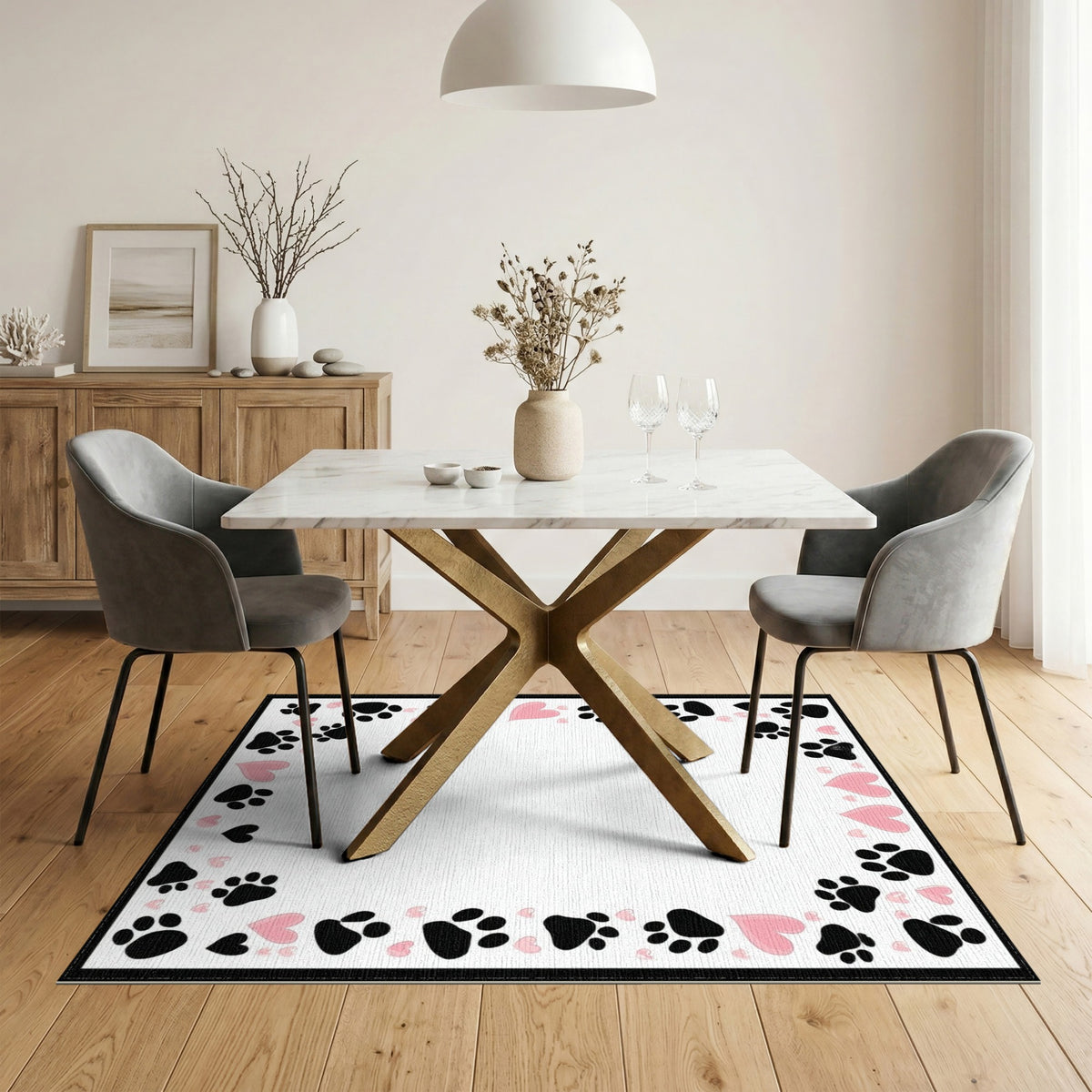 Black Paw Print Pink Heart Kids Rug