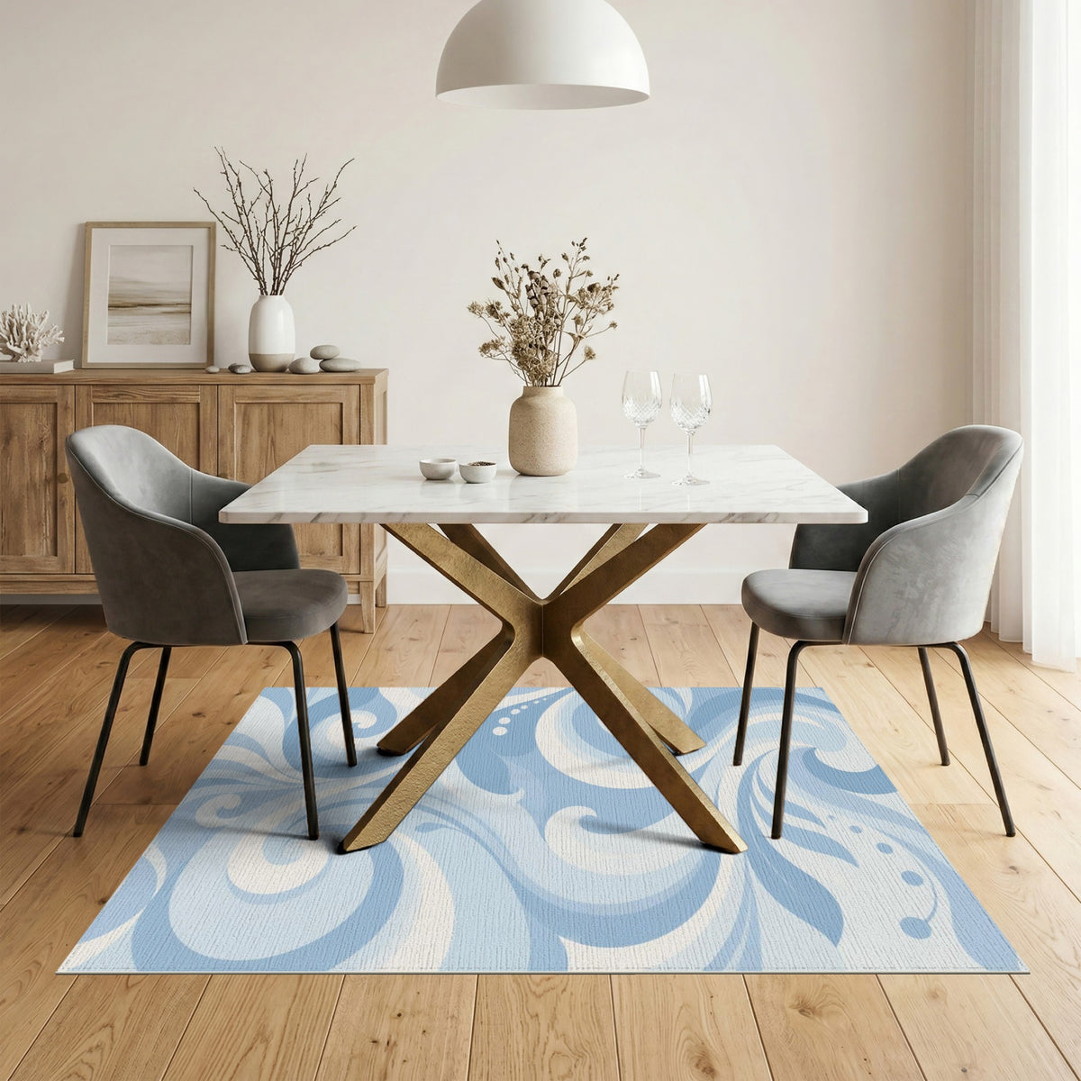 Blue and Teal Blue Swirl Abstract Washable Area Rug