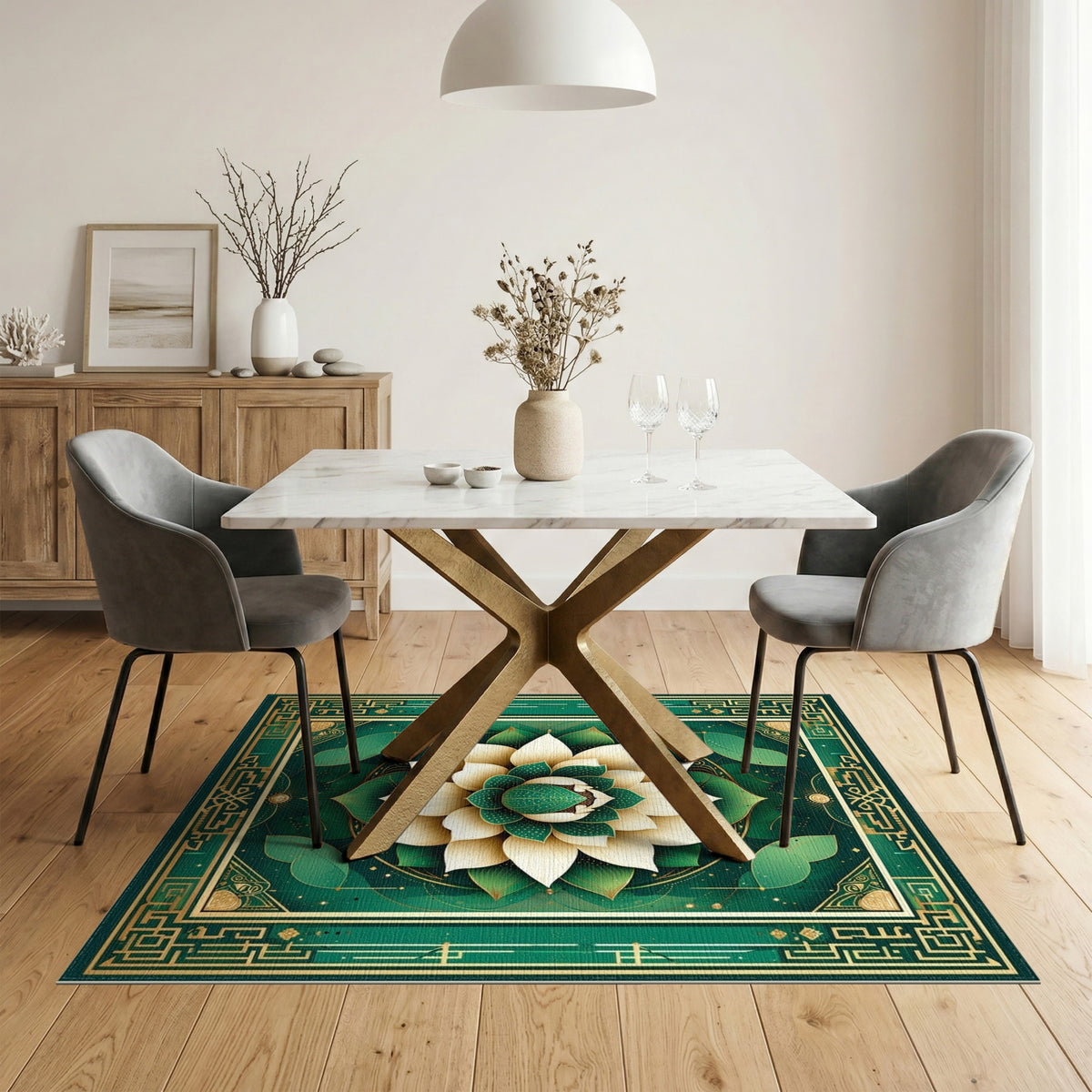 Floral Vintage Green Lotus Floral Area Rug
