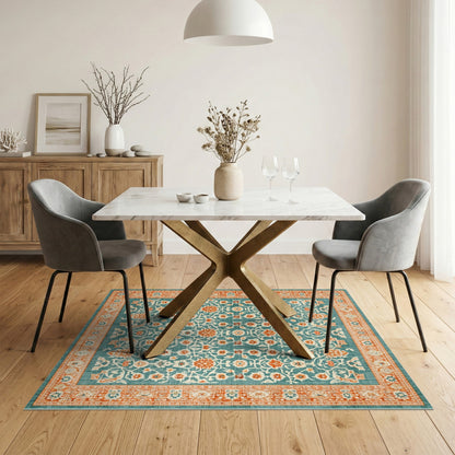 Teal Floral Vintage Area Rug with Orange Accents