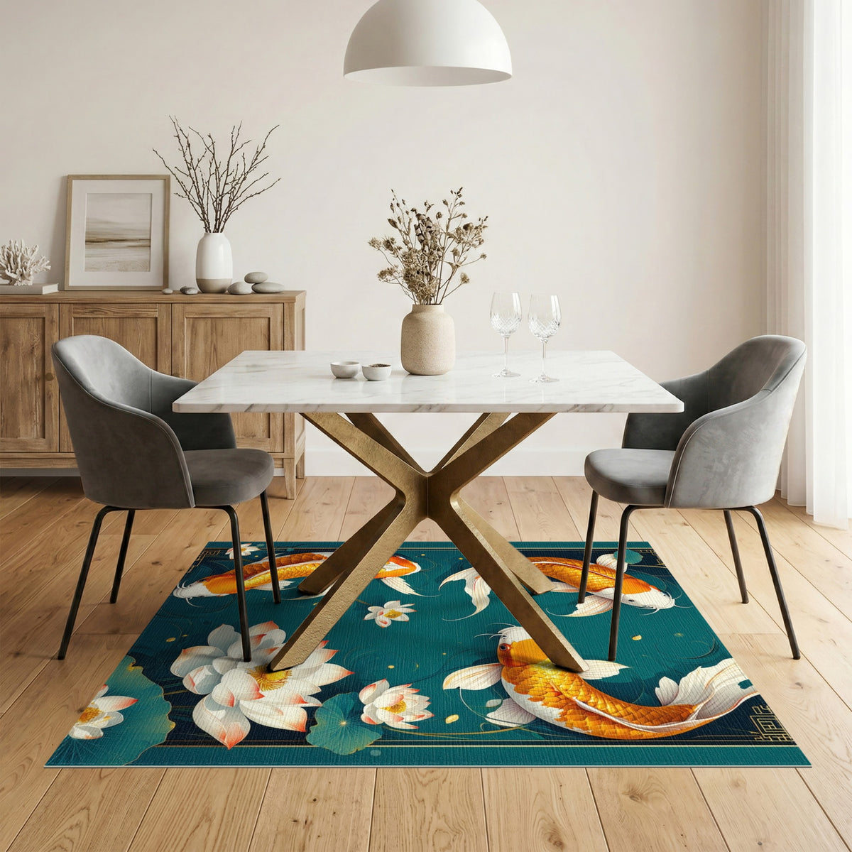 Floral Vintage Teal Koi Lotus Washable Area Rug