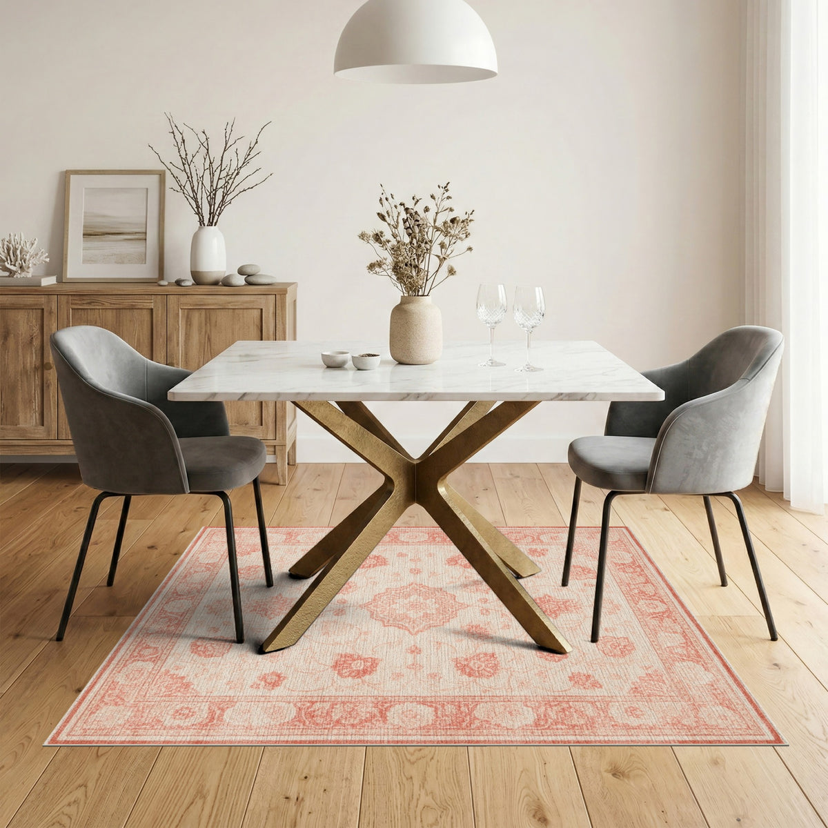 Beige Red Floral Medallion Area Rug
