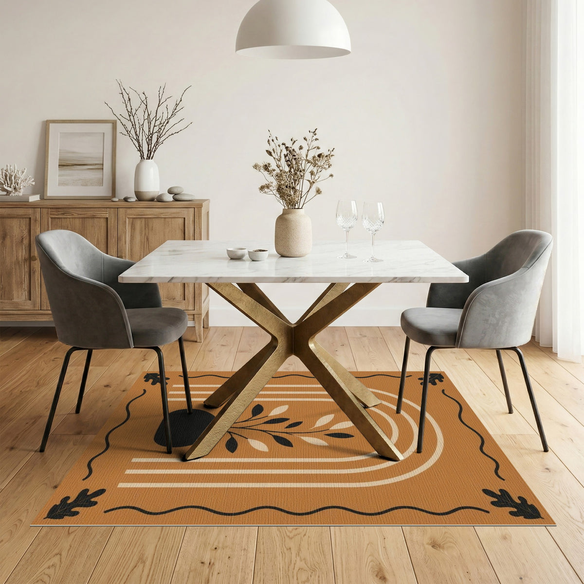 Orange Boho Vase Leaf Area Rug