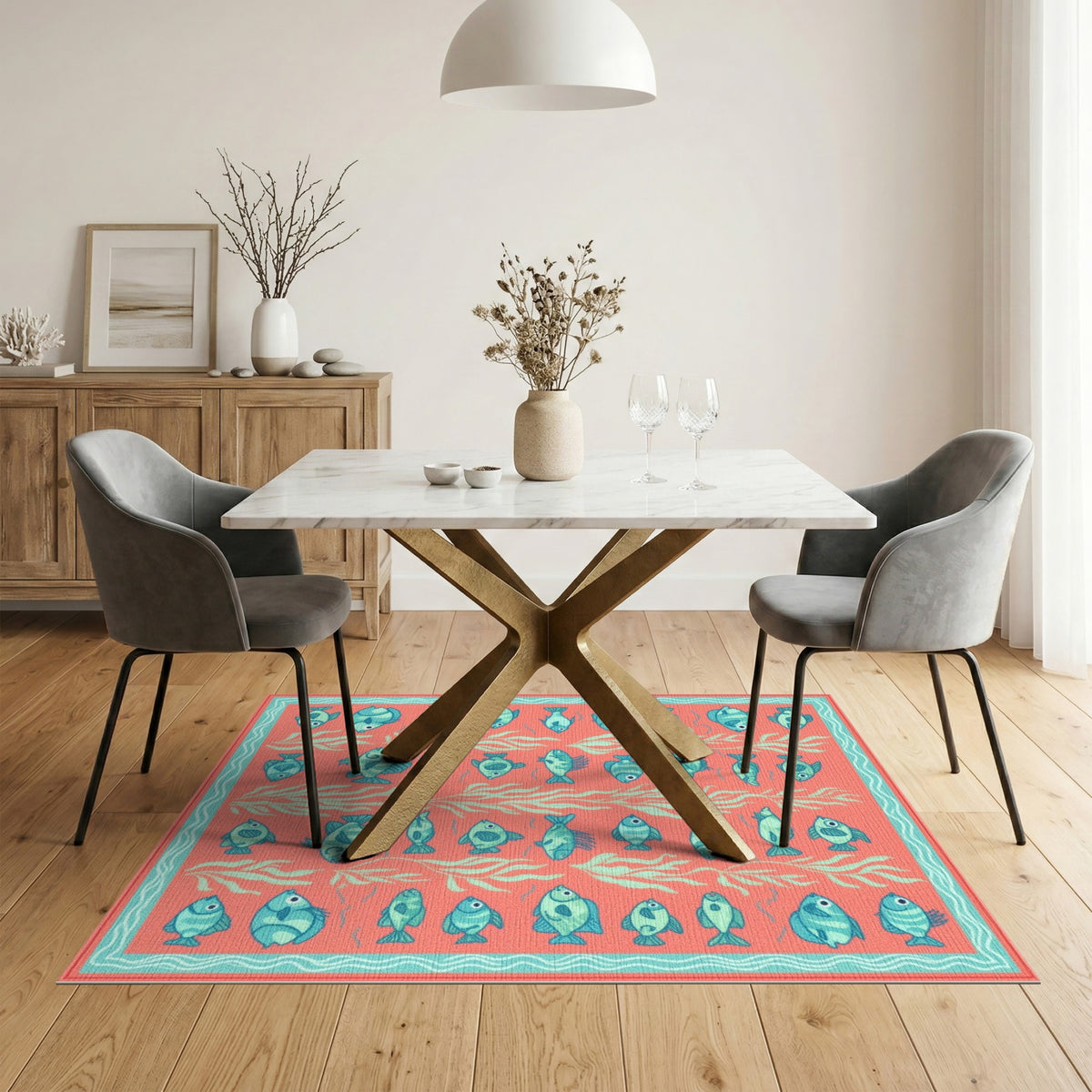 Blue Fish Coral Washable Area Rug