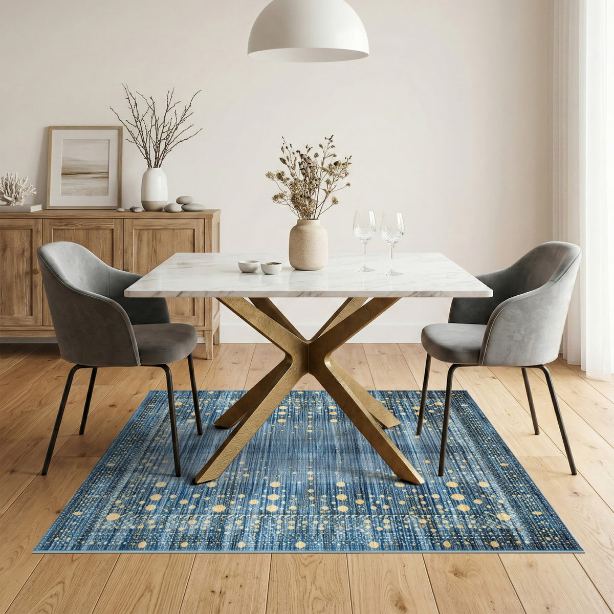 Blue Gold Dot Abstract Area Rug