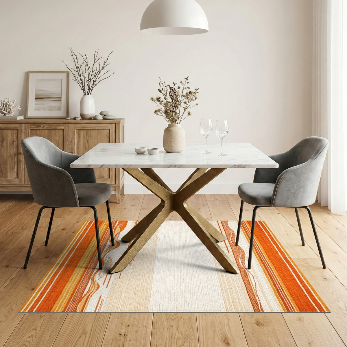 Orange Geometric Wave Striped Area Rug