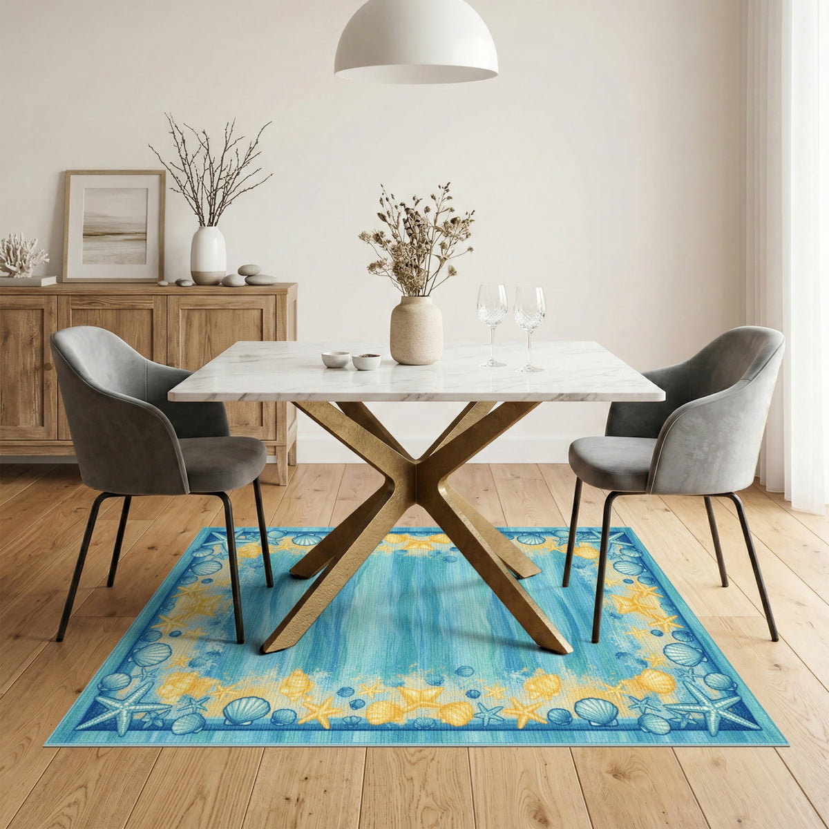 Coastal Blue Wave Seashell Starfish Area Rug