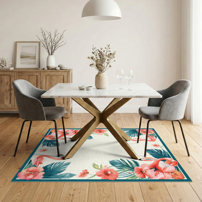 Floral Vintage Pink Flamingo Hibiscus Washable Area Rug