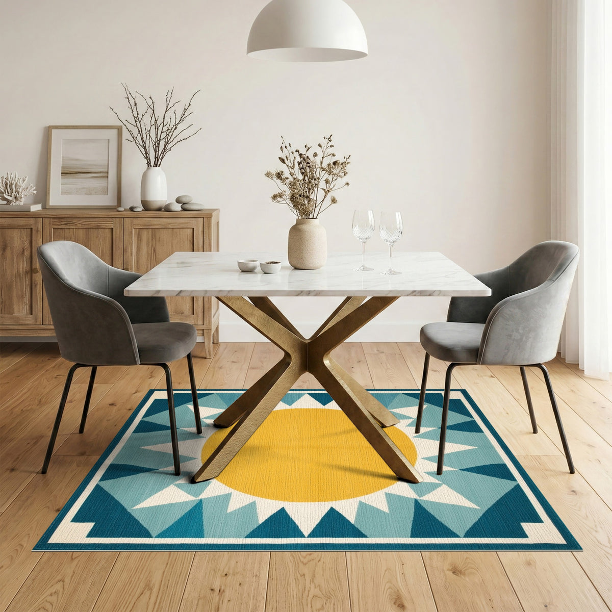 Sunburst Blue Teal Geometric Area Rug
