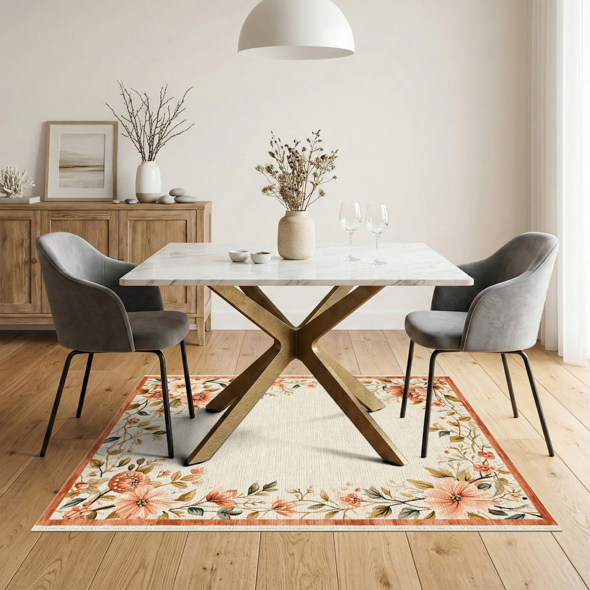 Beige and Neutral Vintage Peach Floral Beige Area Rug