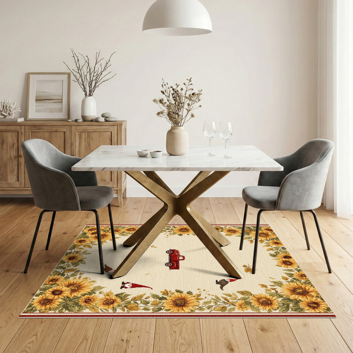 Sunflower Gnome Red Truck Beige Area Rug