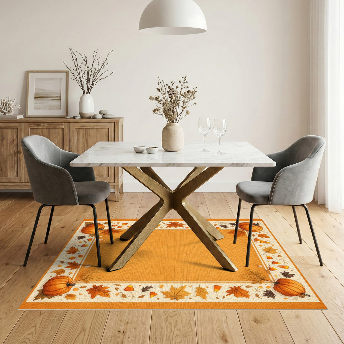 Orange Autumn Pumpkin Harvest Border Area Rug
