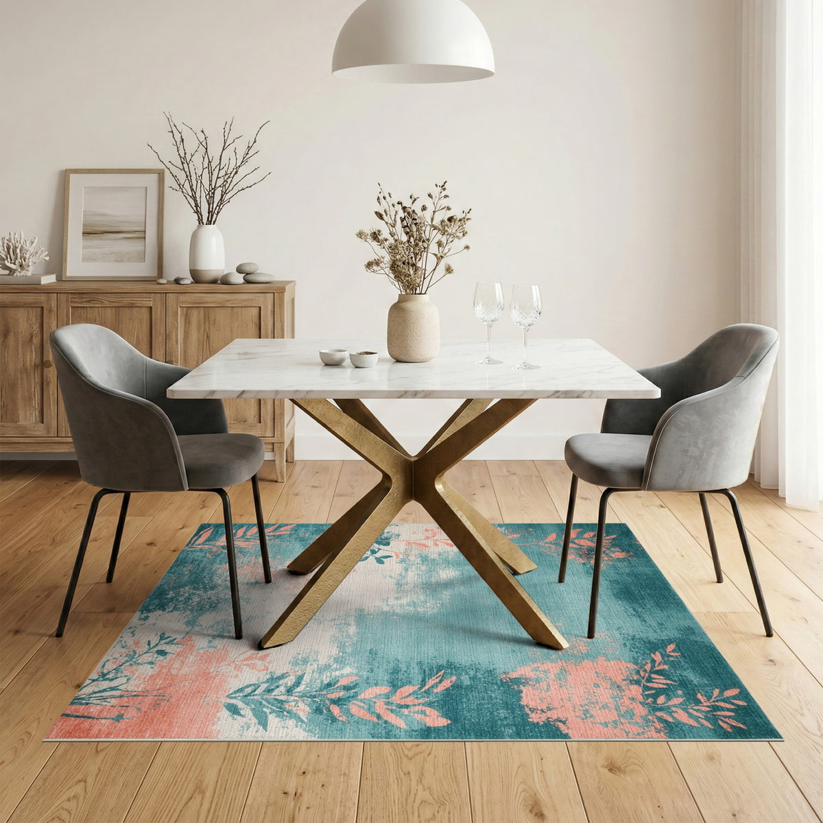 Distressed Teal Coral Leaf Area Rug