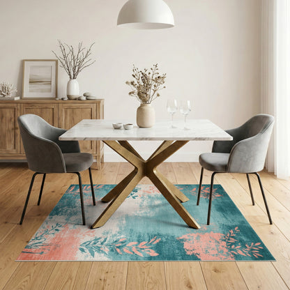 Distressed Teal Coral Leaf Area Rug