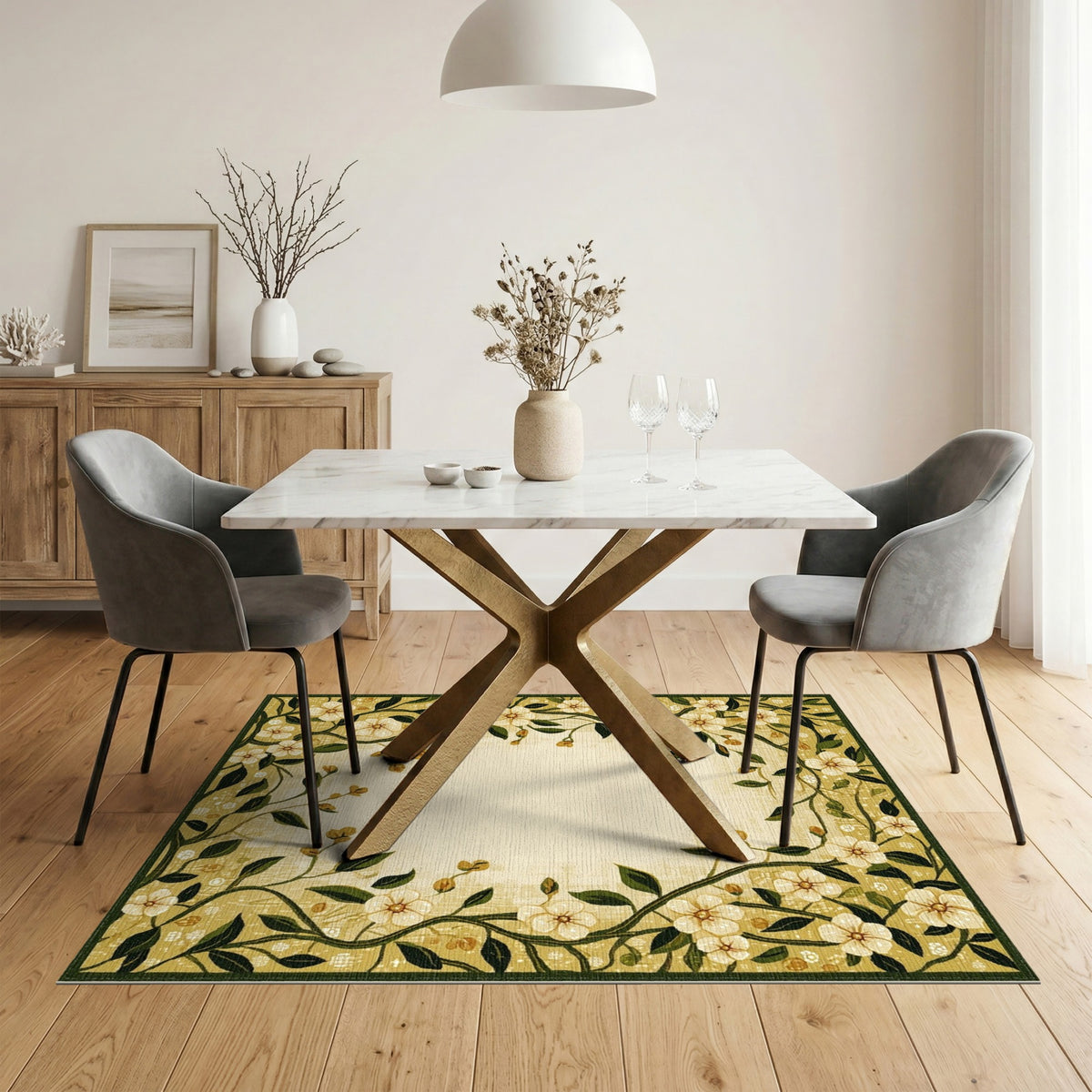 Yellow Floral Vine Border Area Rug