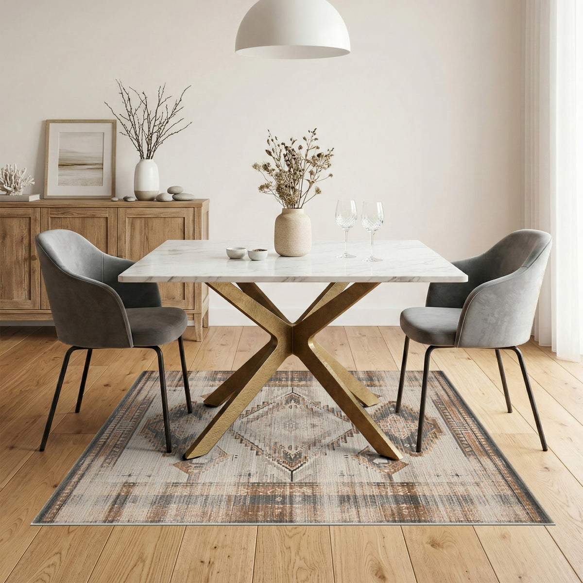Brown and Tan Distressed Brown Geometric Area Rug