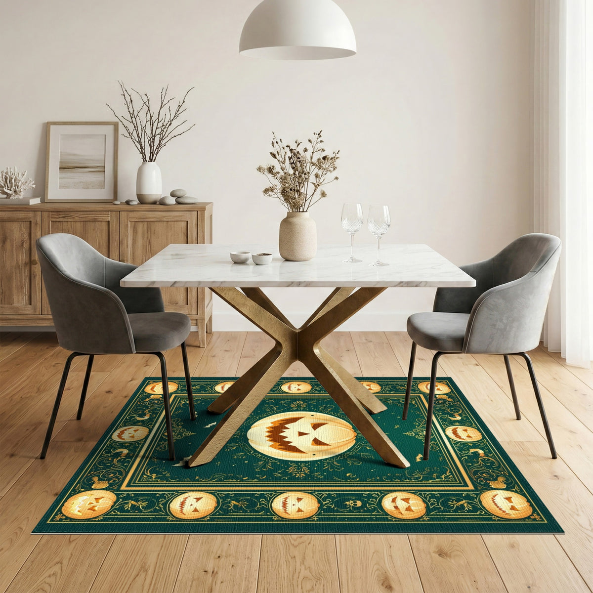 Green Halloween Pumpkin Area Rug with Gold Border