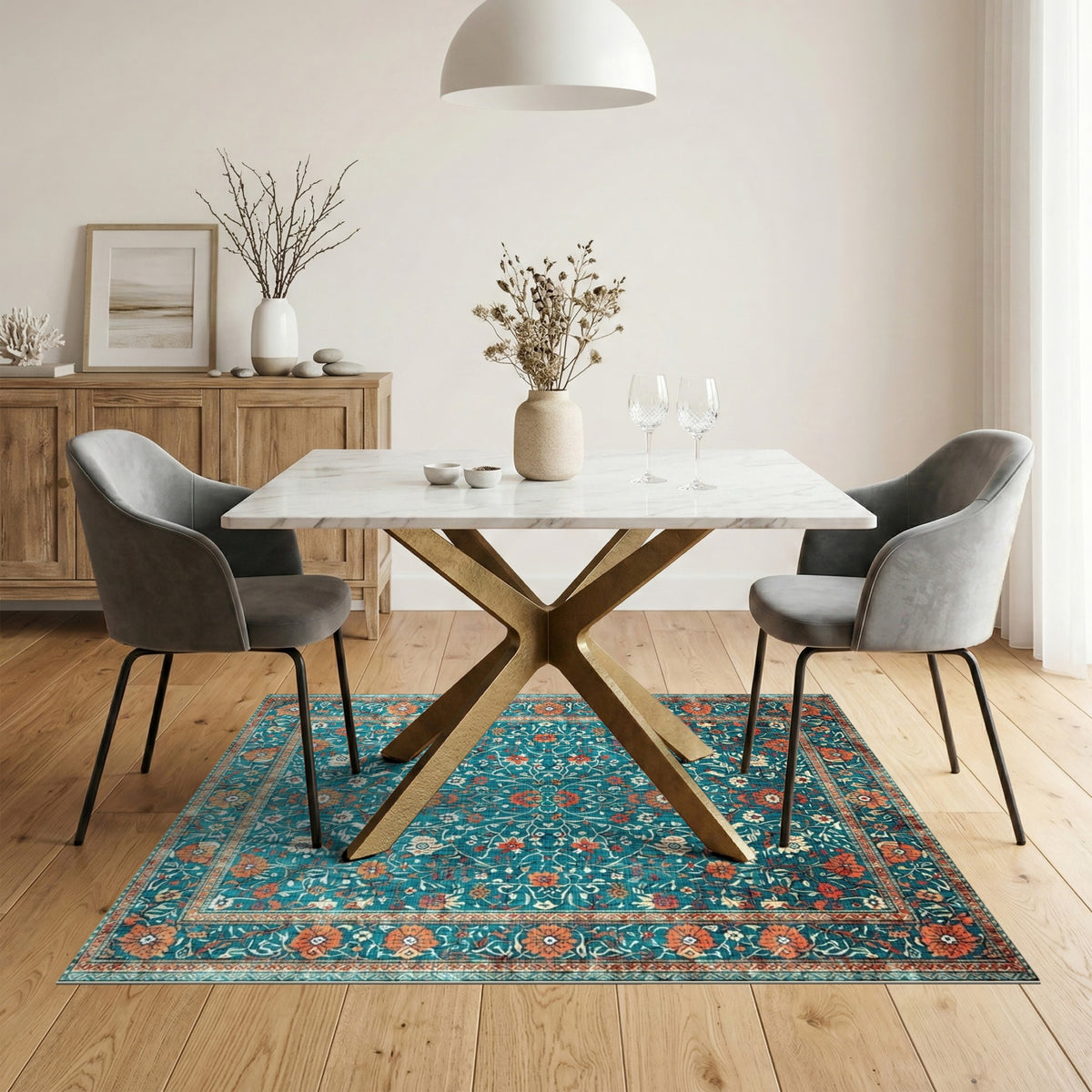 Teal Floral Vintage Area Rug