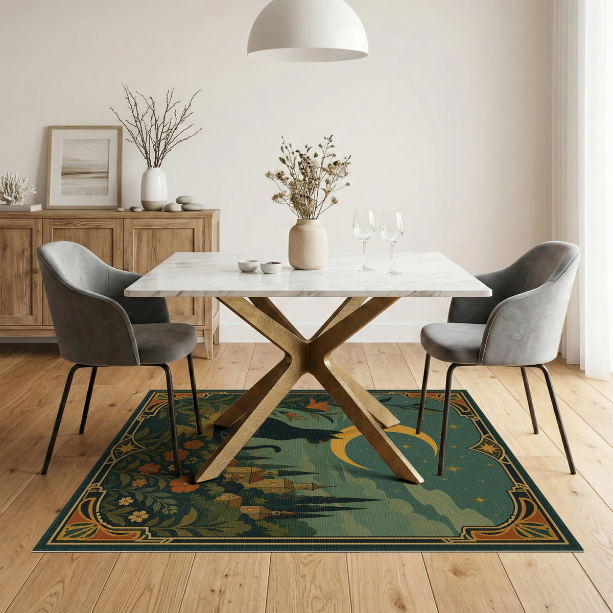 Moonlit Black Cat Floral Vintage Rug