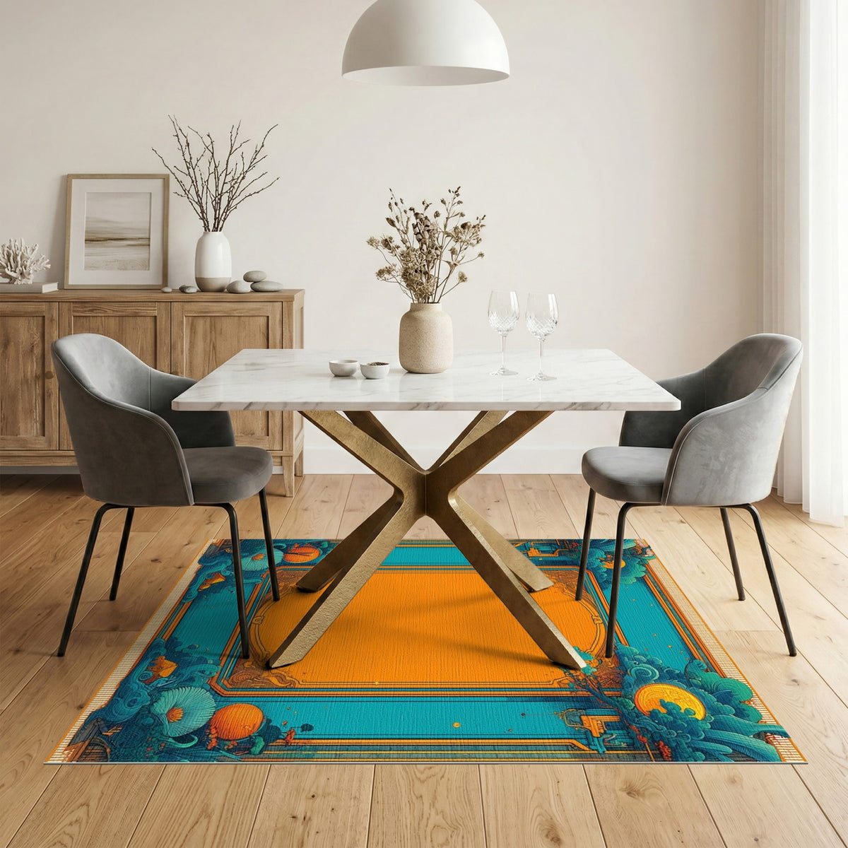 Blue Teal Floral Vintage Area Rug