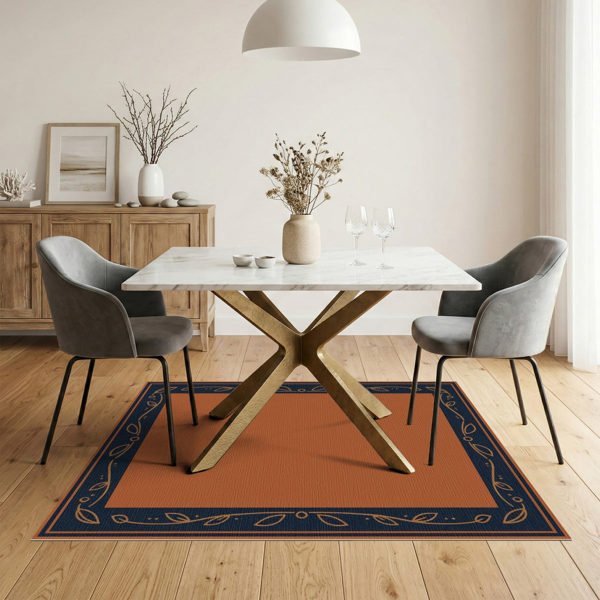 Orange Floral Leaf Border Area Rug