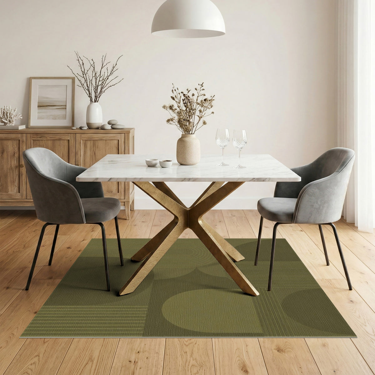 Olive Green Geometric Arcs Area Rug