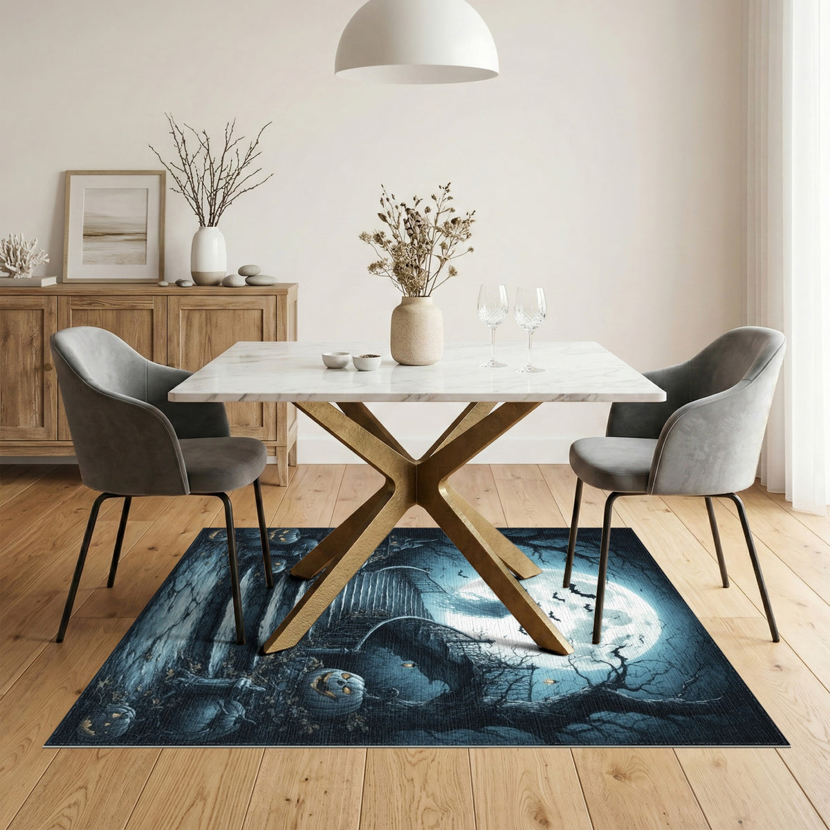 Ghostly Moonlit Staircase Halloween Rug