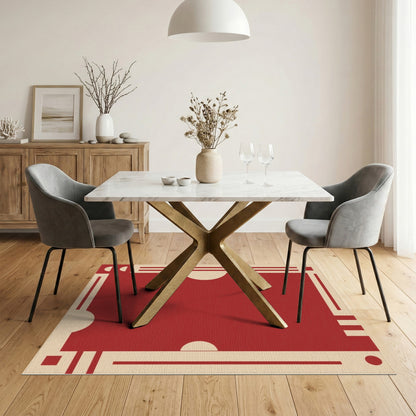 Red Geometric Area Rug with Cream Borders