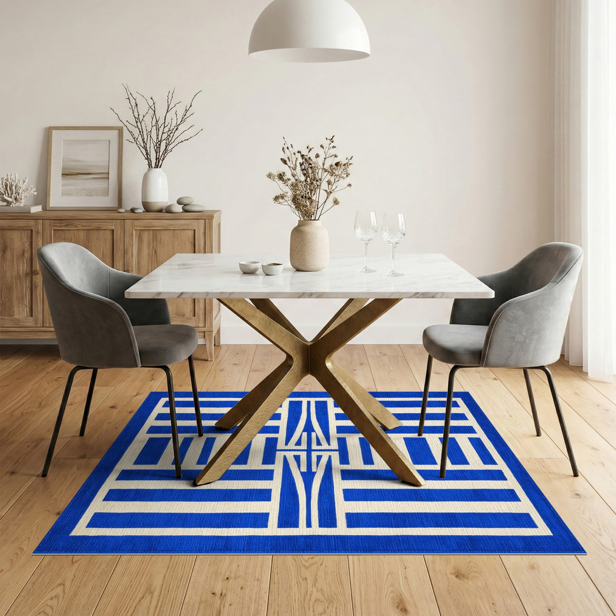 Blue Geometric Area Rug with Ivory Accents