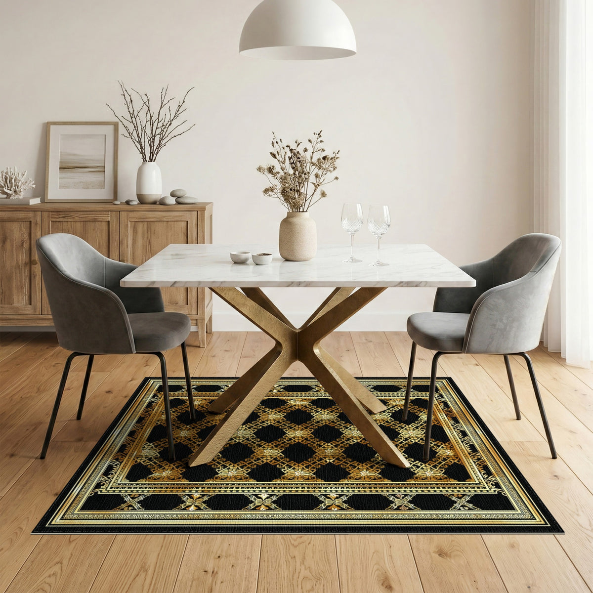 Gold and Silver Black and Gold Ornate Persian Area Rug