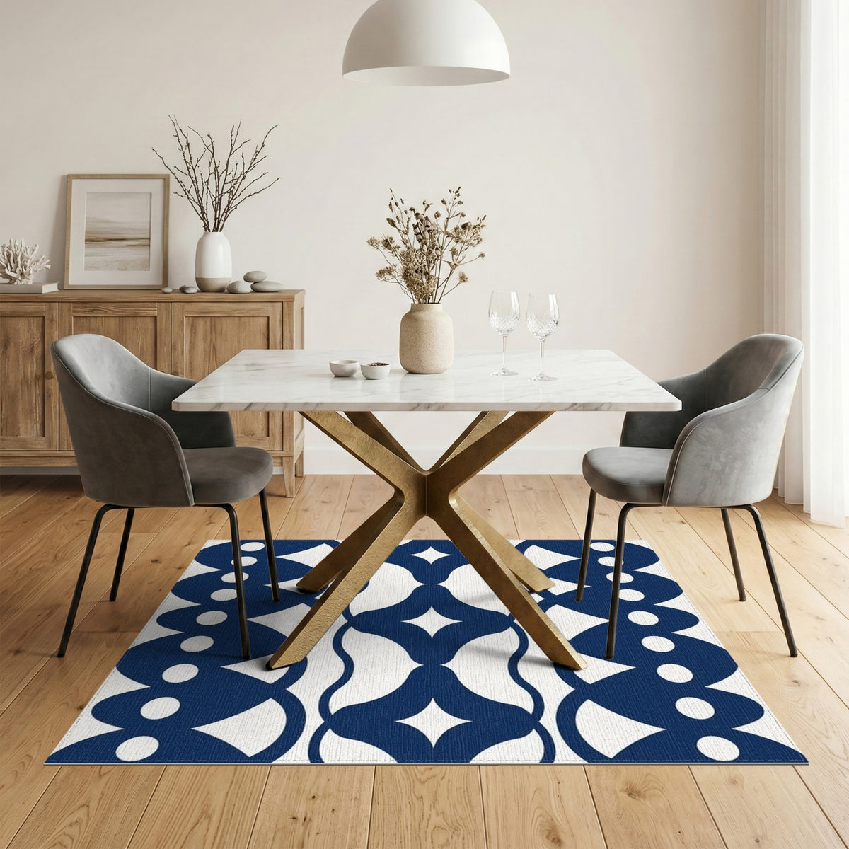 Navy Blue Geometric Scalloped Area Rug