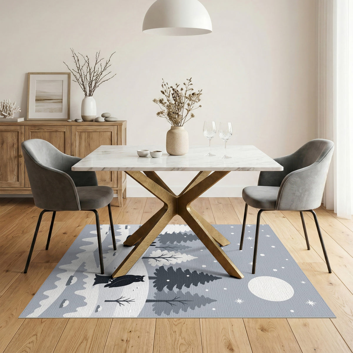 Black White Winter Owl Rabbit Area Rug