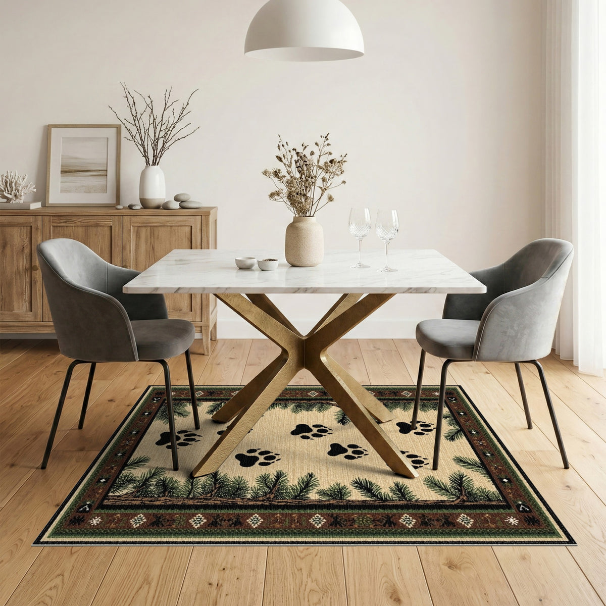 Bear Paw Tracks Pine Border Area Rug