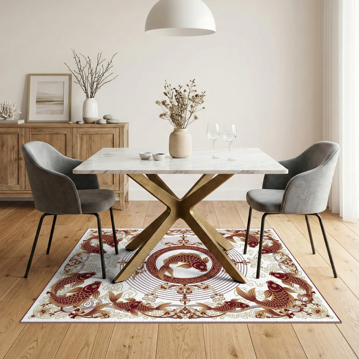Koi Fish Medallion Brown Area Rug