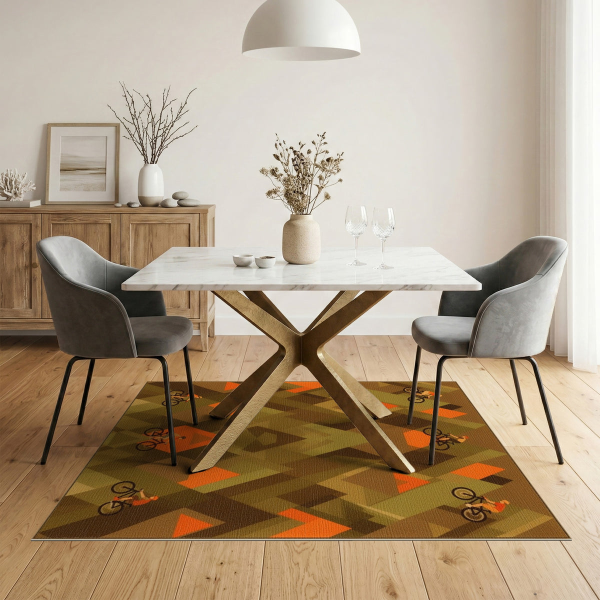 Geometric Mountain Bike Brown Area Rug