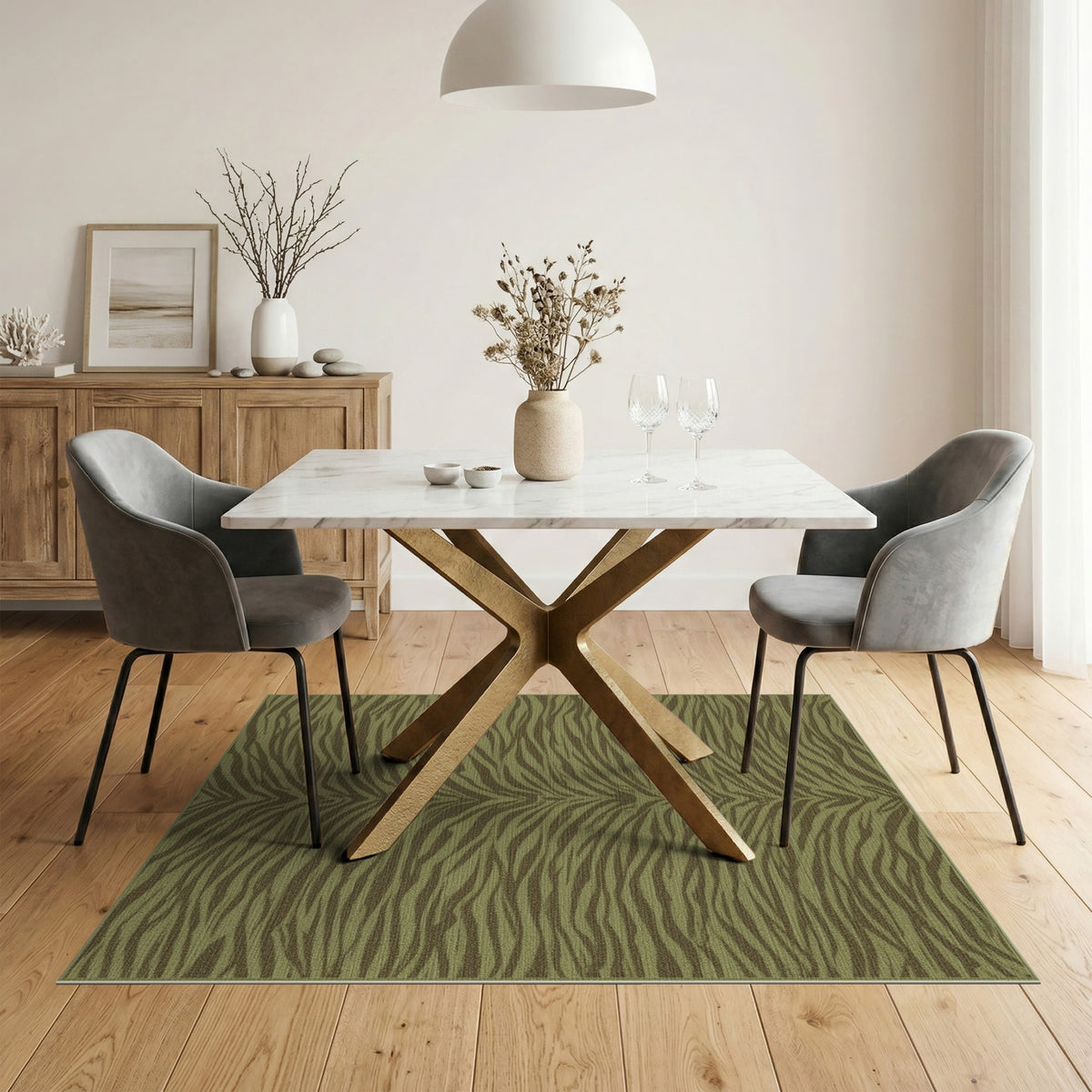 Green Wavy Stripe Washable Area Rug