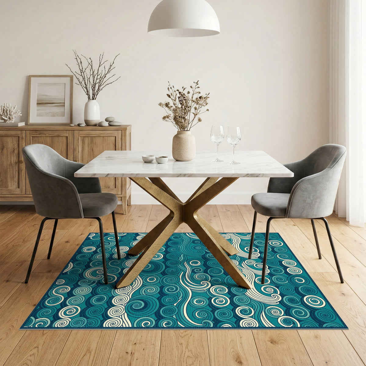Blue Teal Swirling Waves Area Rug